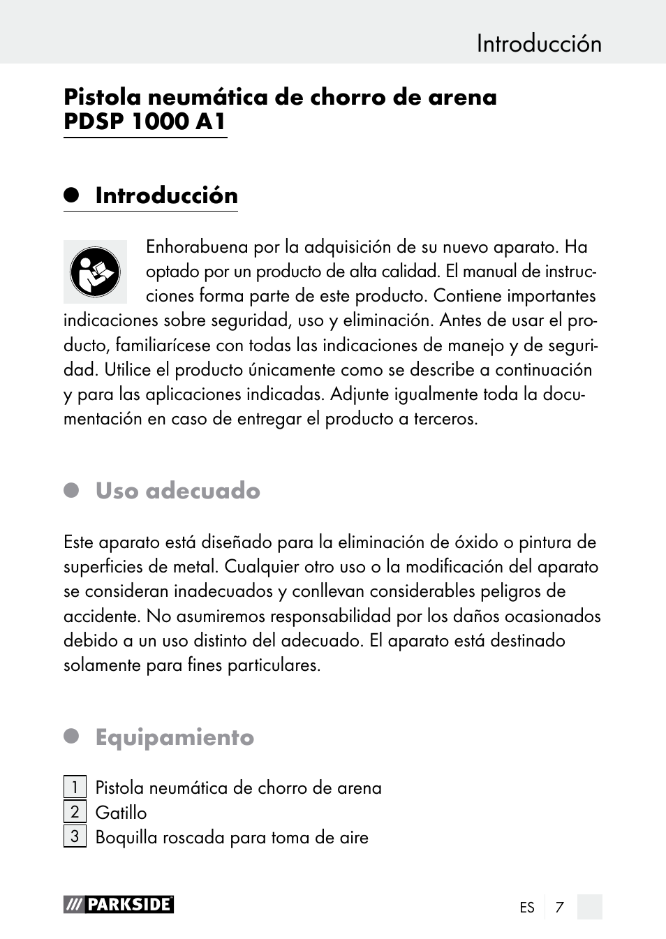 Introducción, Uso adecuado, Equipamiento | Parkside PDSP 1000 A1 User Manual | Page 7 / 53