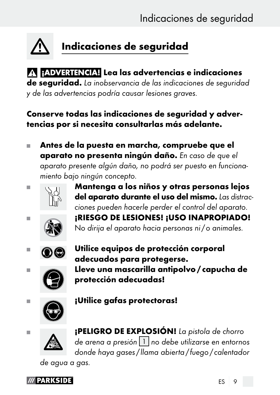 Indicaciones de seguridad introducción, Indicaciones de seguridad | Parkside PDSP 1000 A1 User Manual | Page 9 / 53