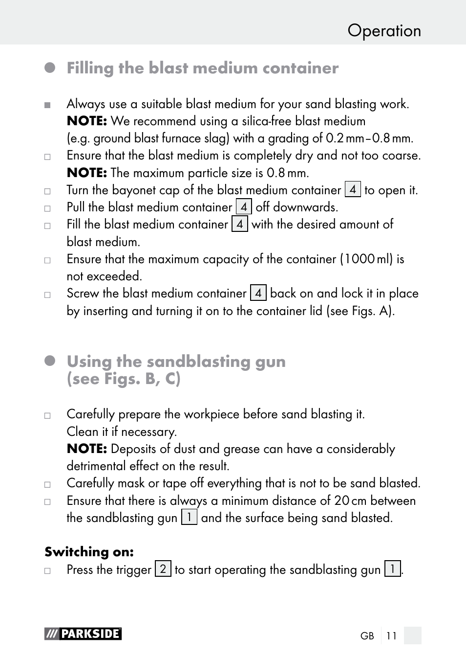 Operation safety advice / operation, Filling the blast medium container, Using the sandblasting gun (see figs. b, c) | Parkside PDSP 1000 A1 User Manual | Page 11 / 89