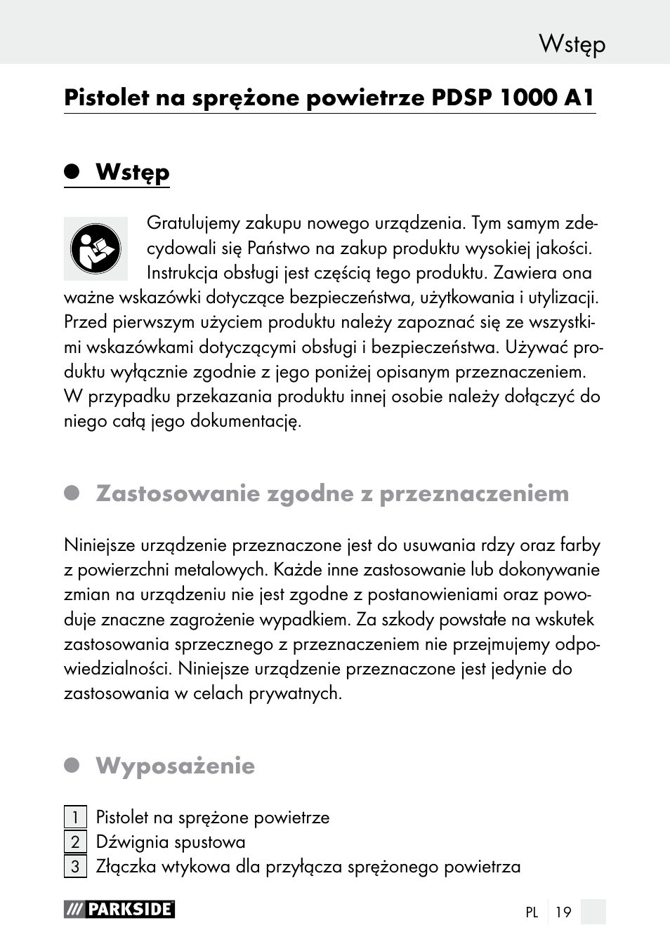 Wstęp, Zastosowanie zgodne z przeznaczeniem, Wyposażenie | Parkside PDSP 1000 A1 User Manual | Page 19 / 89
