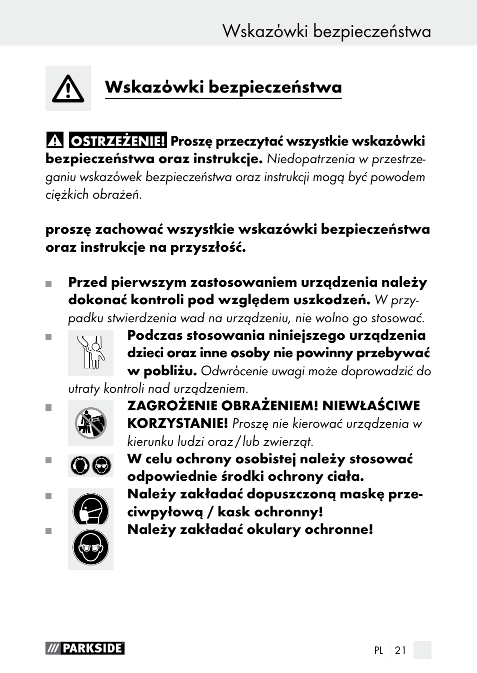 Wskazόwki bezpieczeństwa wstęp, Wskazόwki bezpieczeństwa | Parkside PDSP 1000 A1 User Manual | Page 21 / 89