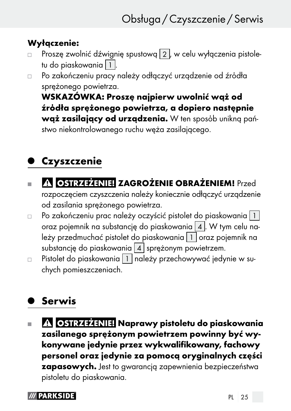 Obsługa / czyszczenie / serwis obsługa, Czyszczenie, Serwis | Parkside PDSP 1000 A1 User Manual | Page 25 / 89