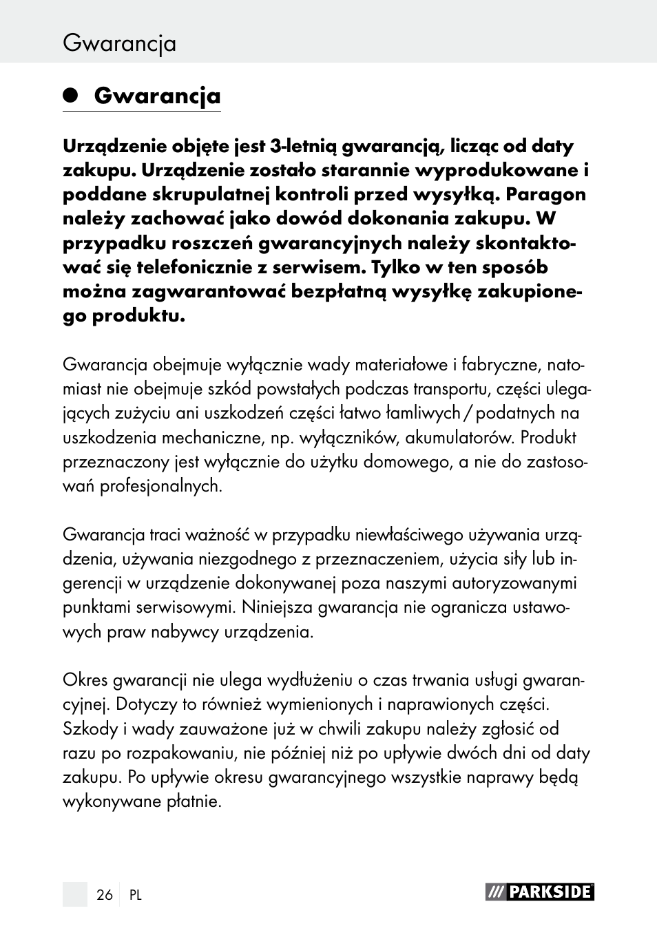 Gwarancja | Parkside PDSP 1000 A1 User Manual | Page 26 / 89