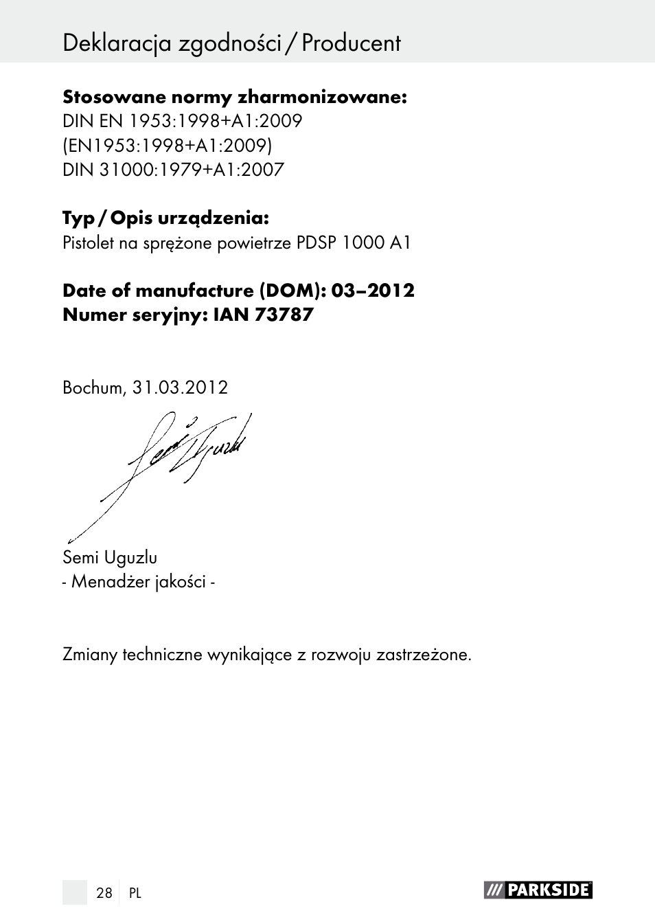 Tartalomjegyzék deklaracja zgodności / producent | Parkside PDSP 1000 A1 User Manual | Page 28 / 89