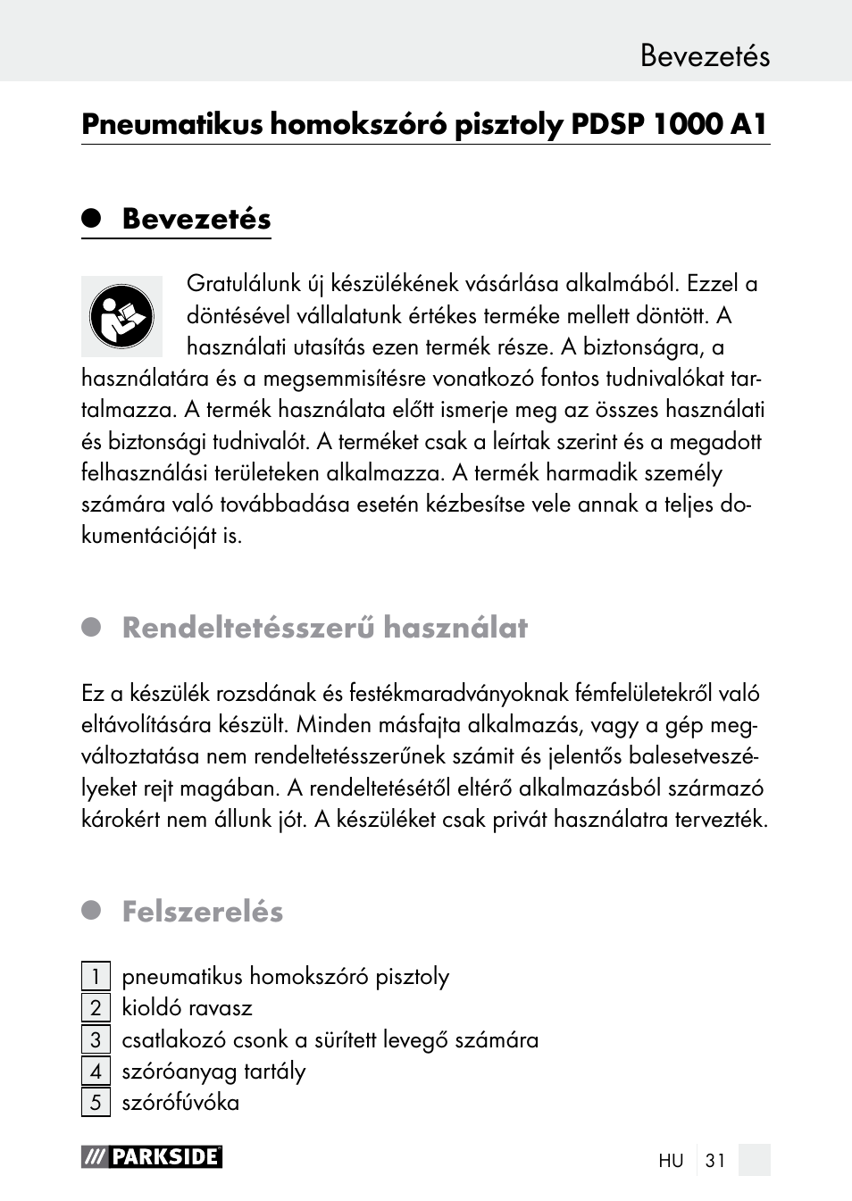 Bevezetés, Rendeltetésszerű használat, Felszerelés | Parkside PDSP 1000 A1 User Manual | Page 31 / 89