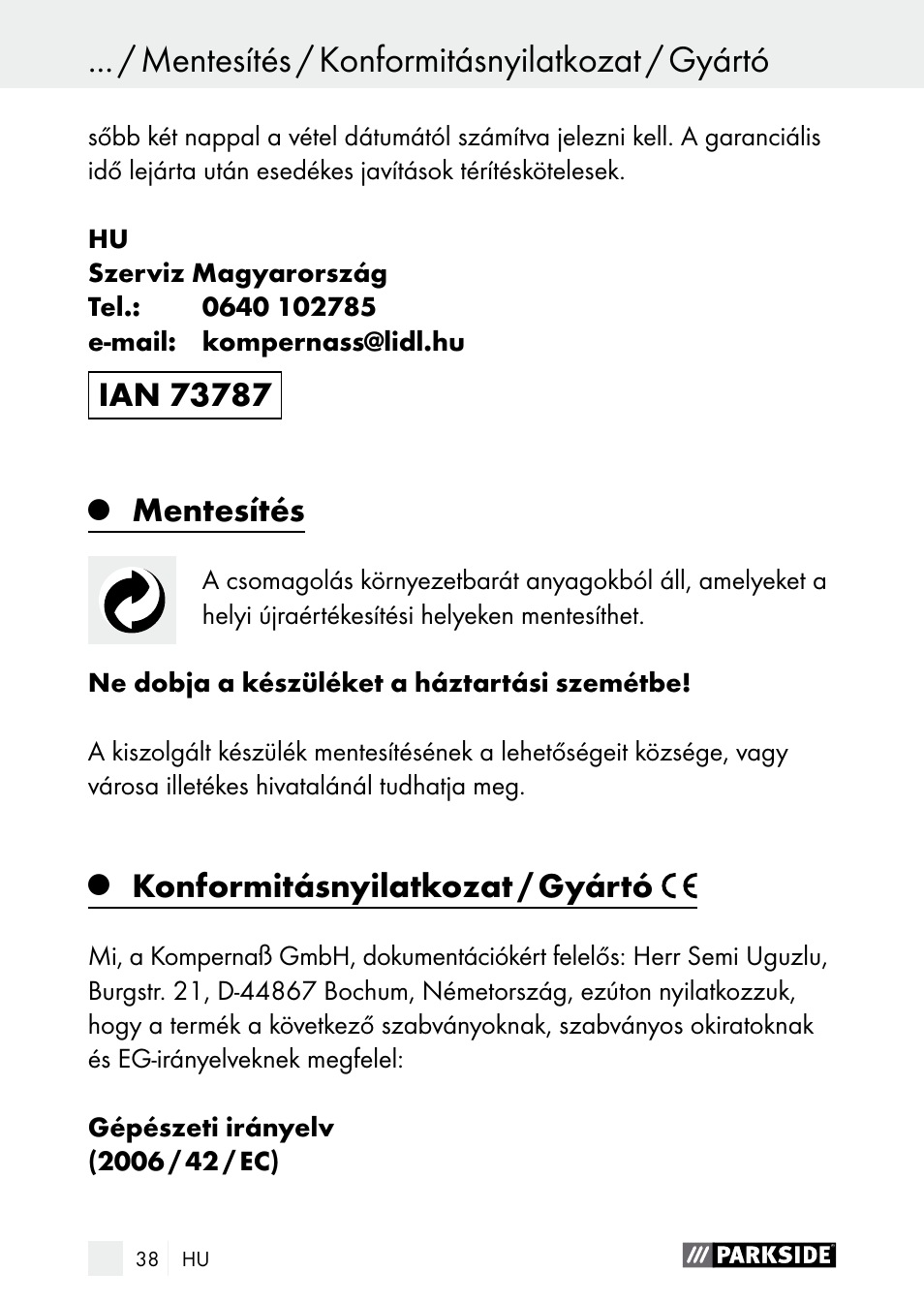 Mentesítés, Konformitásnyilatkozat / gyártó | Parkside PDSP 1000 A1 User Manual | Page 38 / 89