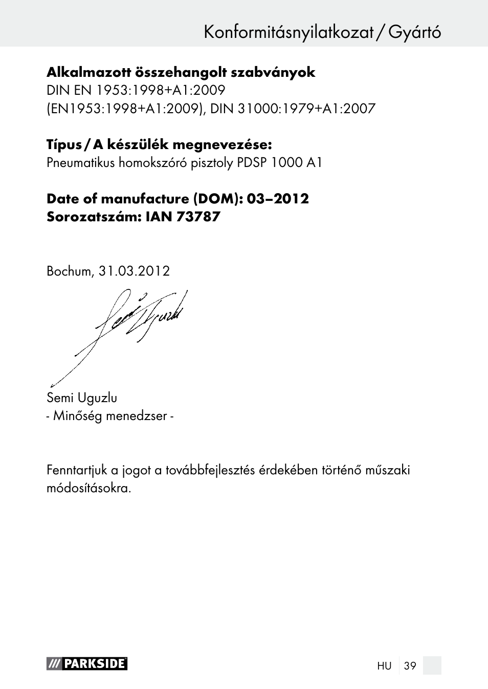 Parkside PDSP 1000 A1 User Manual | Page 39 / 89