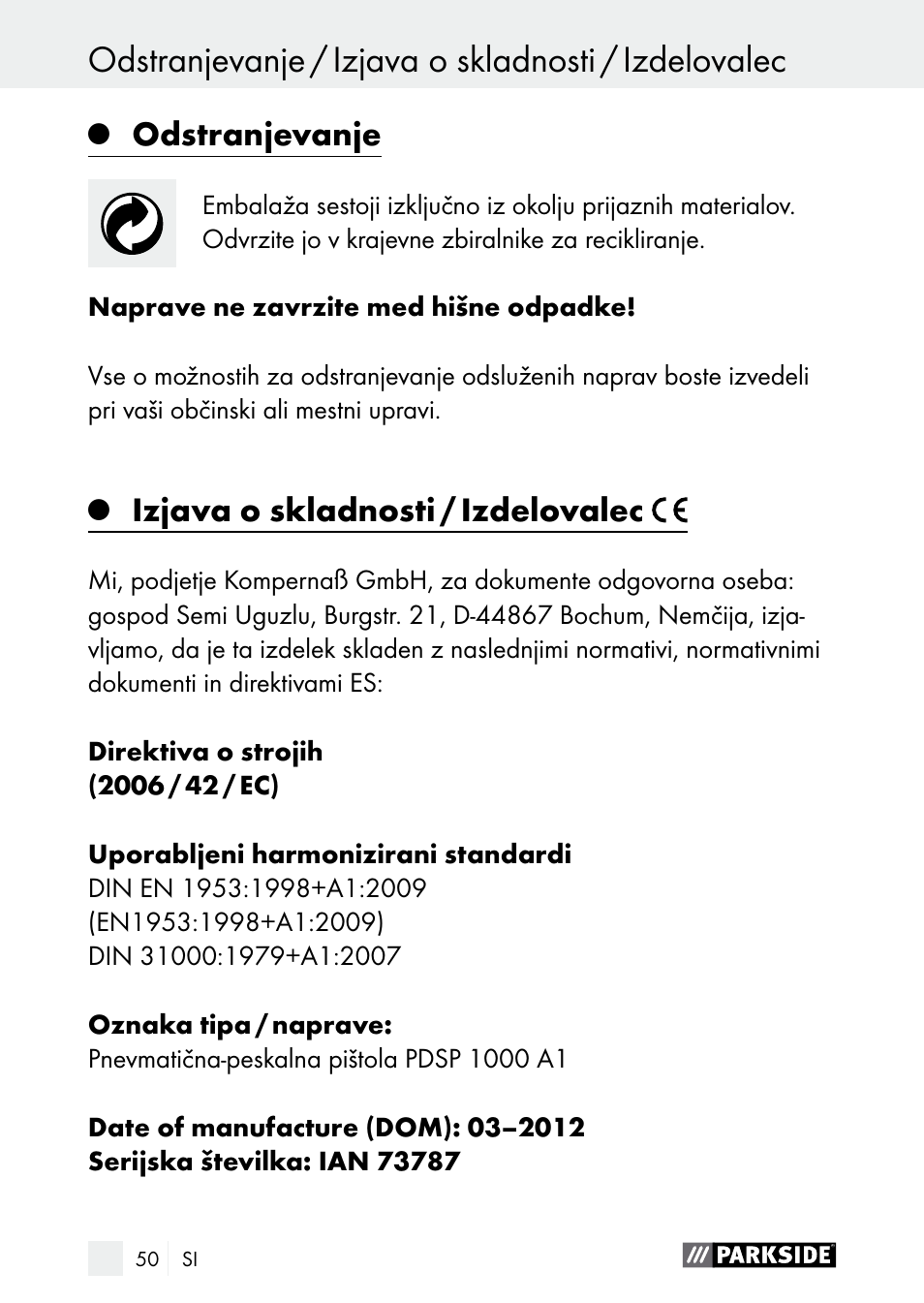 Odstranjevanje, Izjava o skladnosti / izdelovalec | Parkside PDSP 1000 A1 User Manual | Page 50 / 89