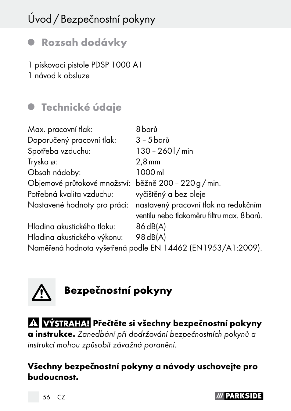 Bezpečnostní pokyny úvod / bezpečnostní pokyny, Rozsah dodávky, Technické údaje | Bezpečnostní pokyny | Parkside PDSP 1000 A1 User Manual | Page 56 / 89