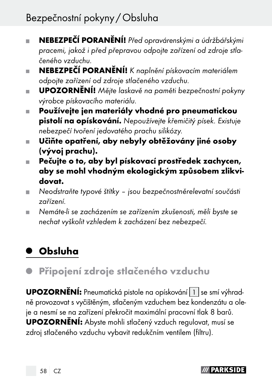 Obsluha bezpečnostní pokyny / obsluha, Obsluha, Připojení zdroje stlačeného vzduchu | Parkside PDSP 1000 A1 User Manual | Page 58 / 89