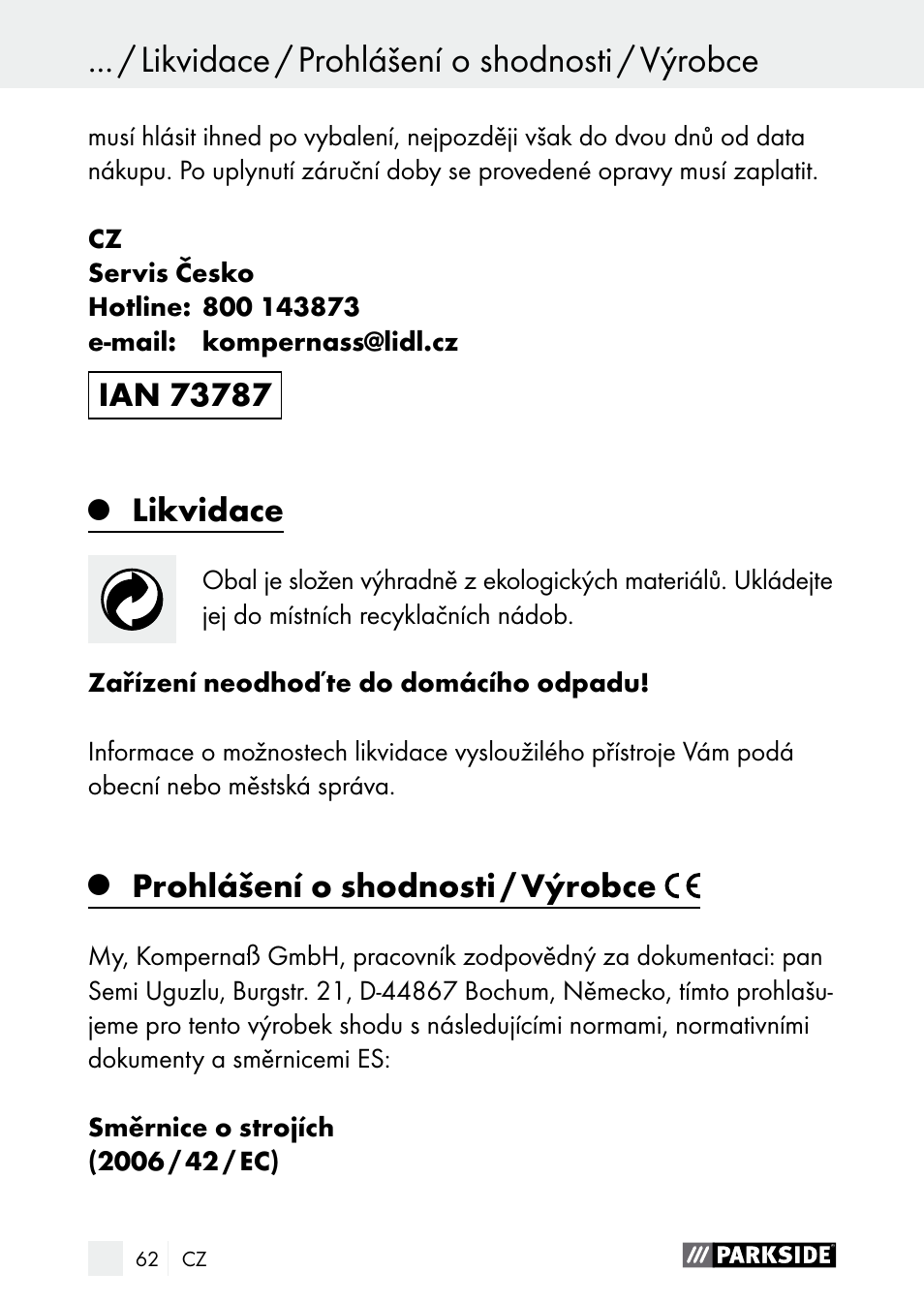 Likvidace, Prohlášení o shodnosti / výrobce | Parkside PDSP 1000 A1 User Manual | Page 62 / 89