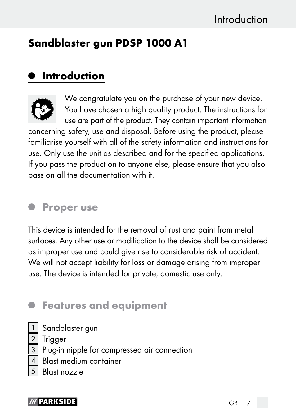 Introduction, Proper use, Features and equipment | Parkside PDSP 1000 A1 User Manual | Page 7 / 89