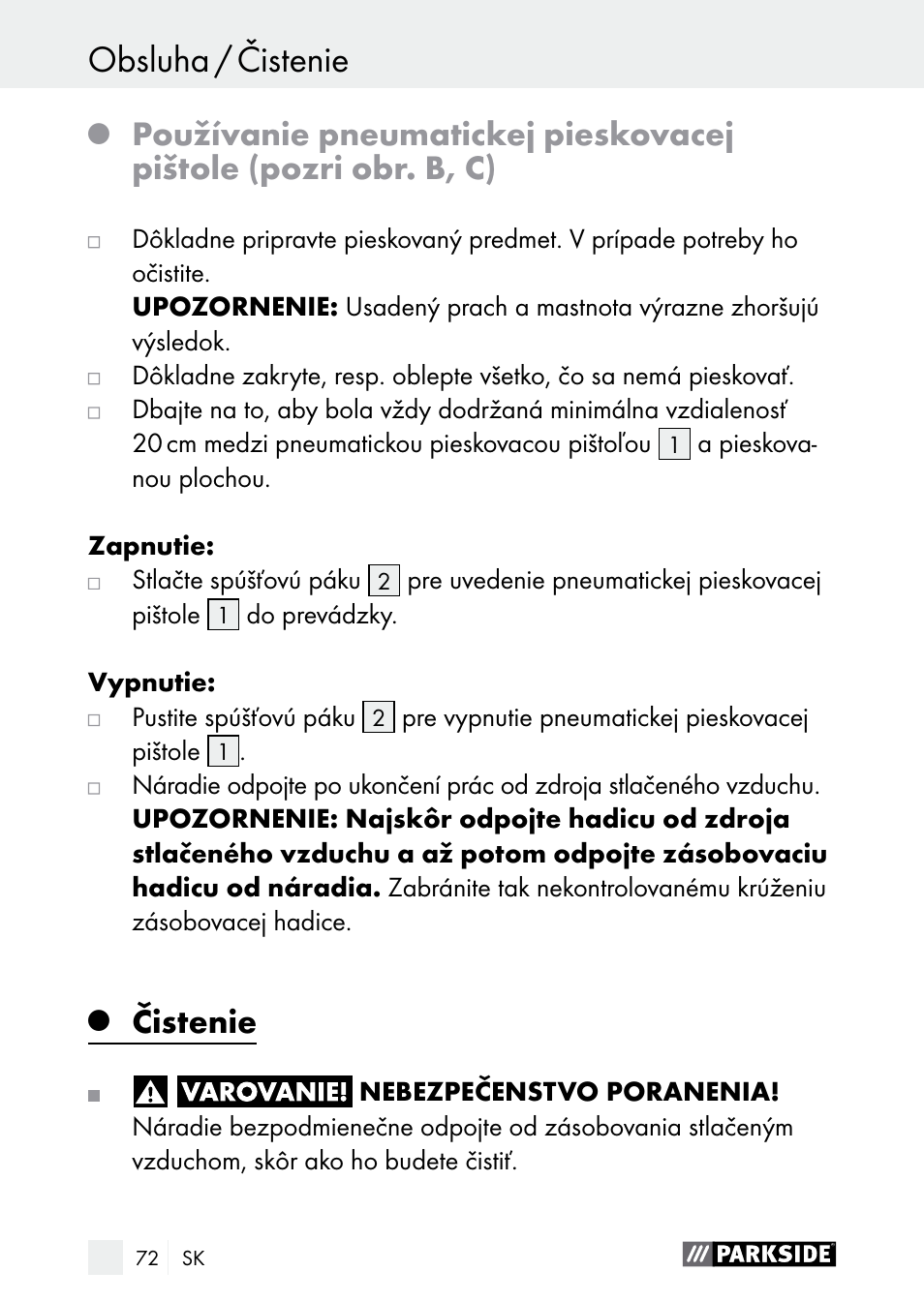 Čistenie | Parkside PDSP 1000 A1 User Manual | Page 72 / 89