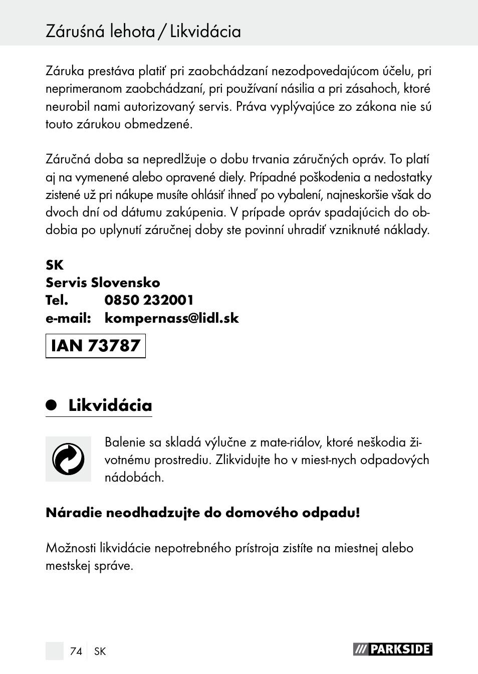 Likvidácia | Parkside PDSP 1000 A1 User Manual | Page 74 / 89
