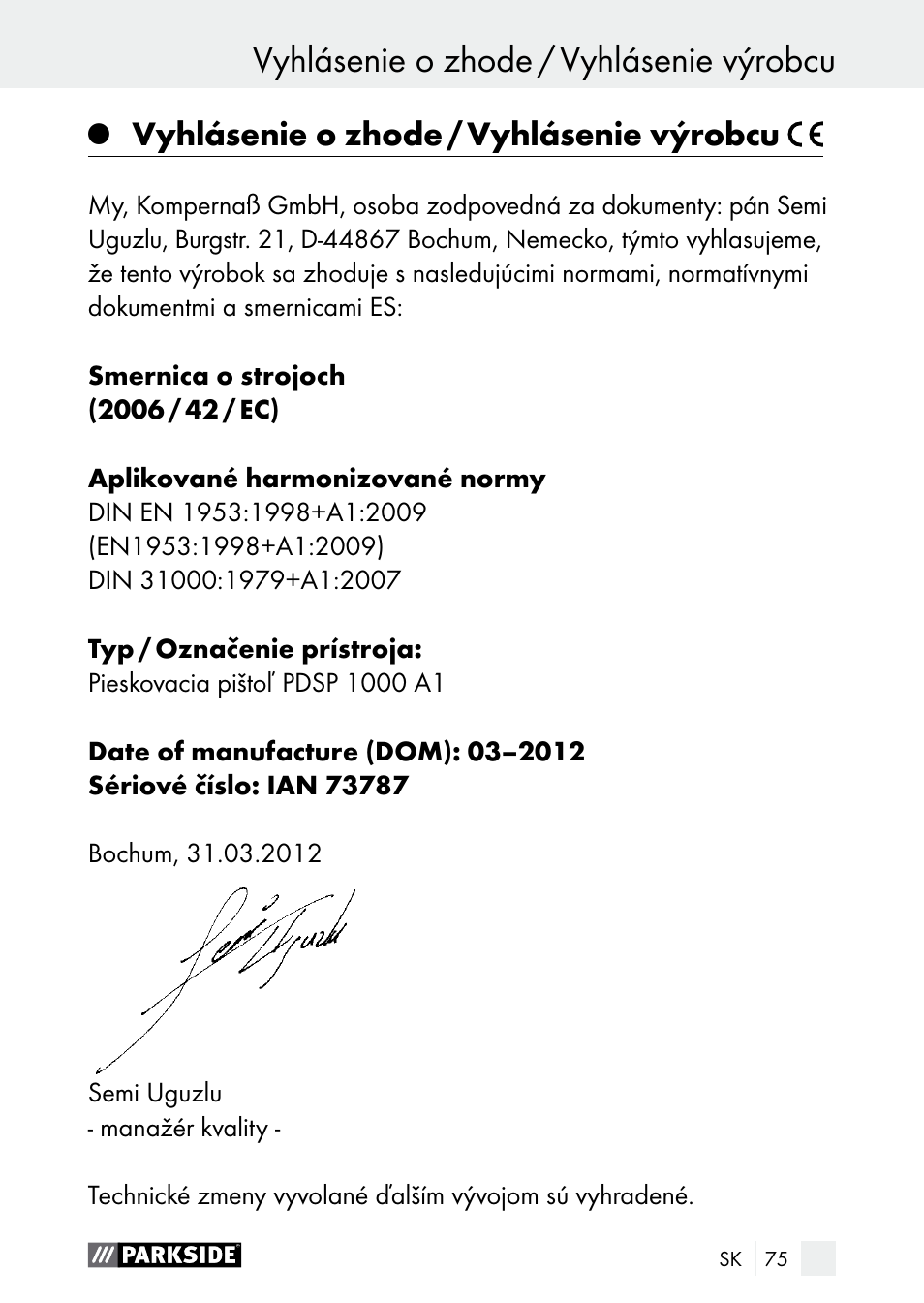 Vyhlásenie o zhode / vyhlásenie výrobcu | Parkside PDSP 1000 A1 User Manual | Page 75 / 89