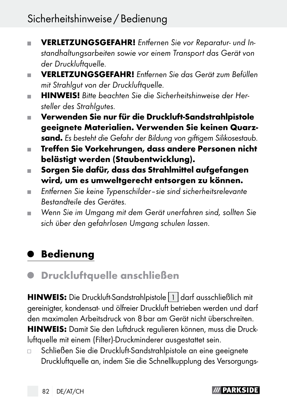 Bedienung sicherheitshinweise / bedienung, Bedienung, Druckluftquelle anschließen | Parkside PDSP 1000 A1 User Manual | Page 82 / 89