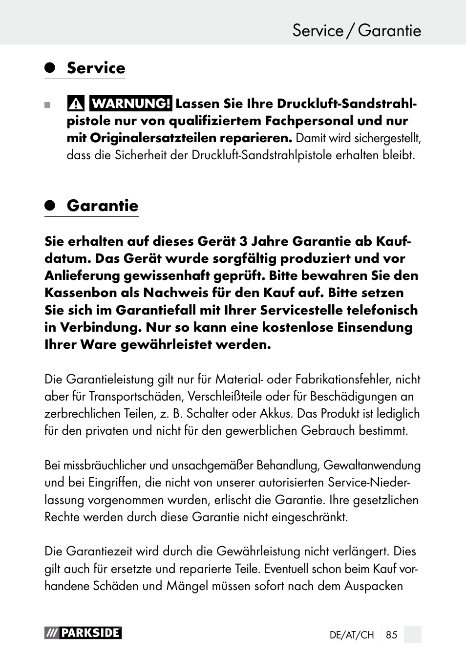 Service / garantie bedienung / reinigung, Service, Garantie | Parkside PDSP 1000 A1 User Manual | Page 85 / 89