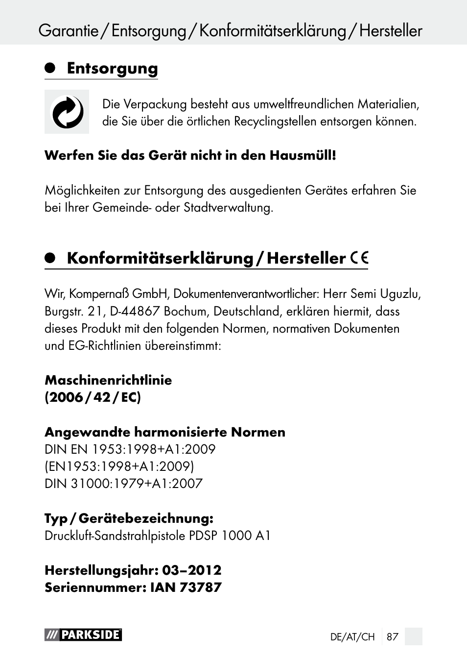 Entsorgung, Konformitätserklärung / hersteller | Parkside PDSP 1000 A1 User Manual | Page 87 / 89