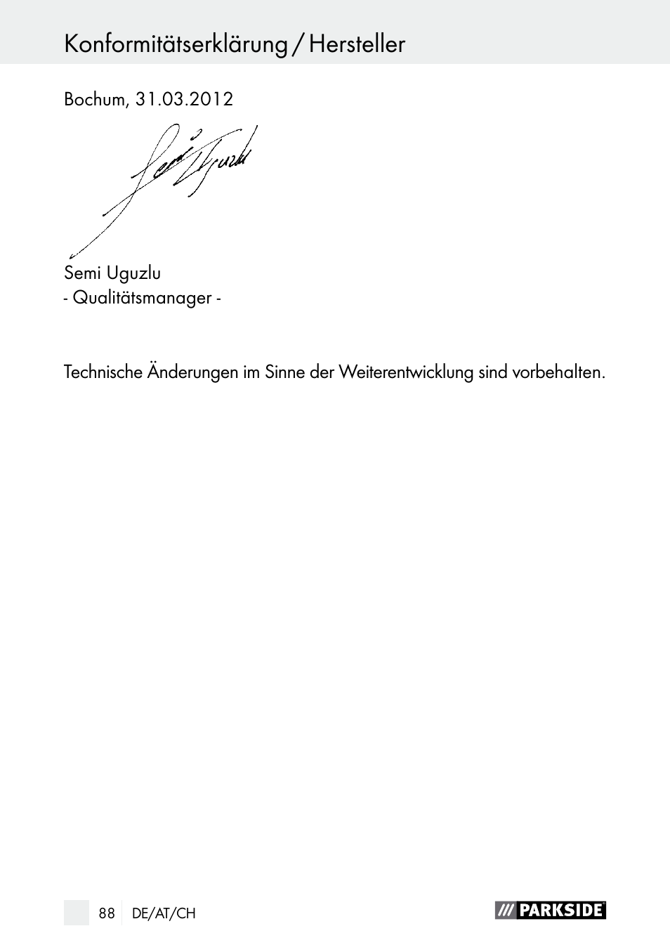 Konformitätserklärung / hersteller | Parkside PDSP 1000 A1 User Manual | Page 88 / 89