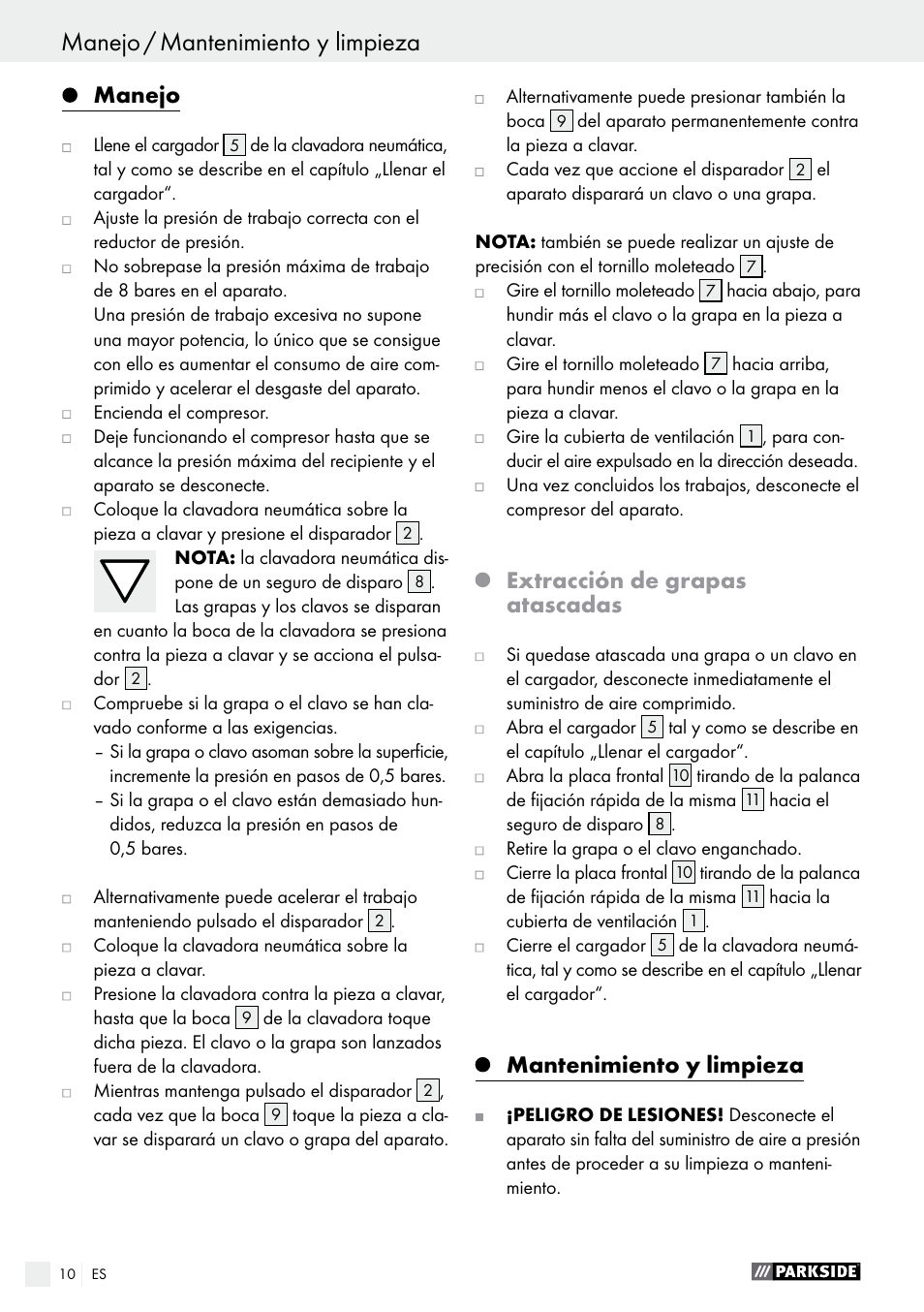 Manejo, Extracción de grapas atascadas, Mantenimiento y limpieza | Parkside PDT 40 B2 User Manual | Page 10 / 45