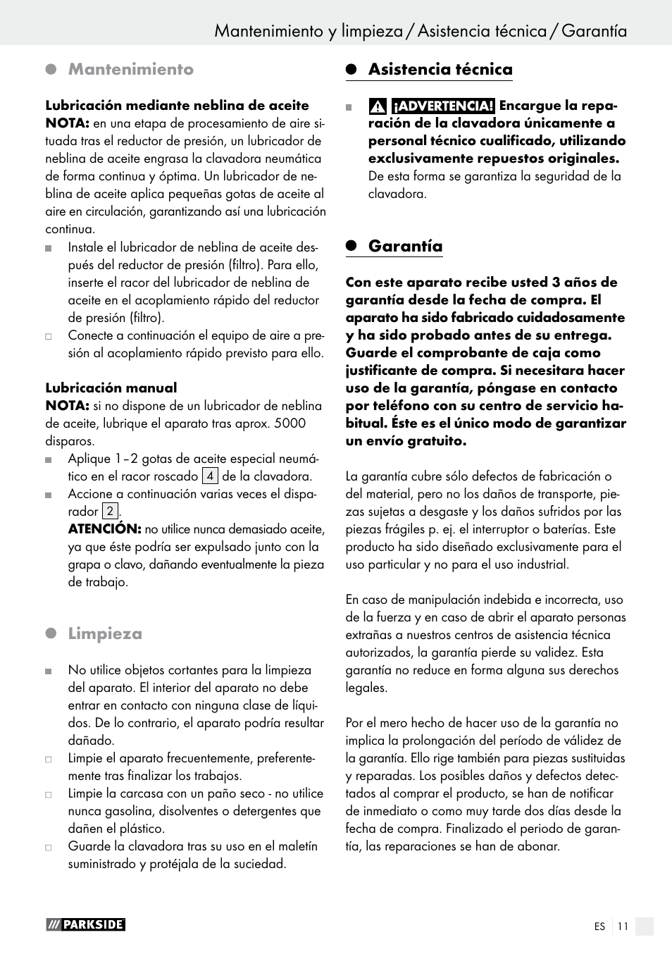 Manejo / mantenimiento y limpieza, Mantenimiento, Limpieza | Asistencia técnica, Garantía | Parkside PDT 40 B2 User Manual | Page 11 / 45