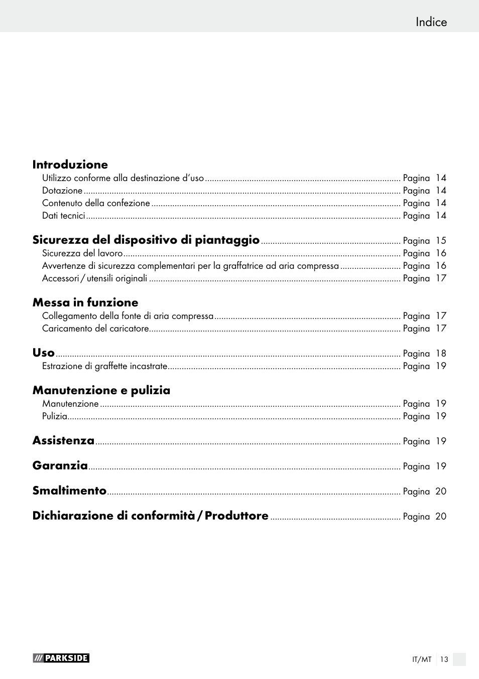 Indice | Parkside PDT 40 B2 User Manual | Page 13 / 45