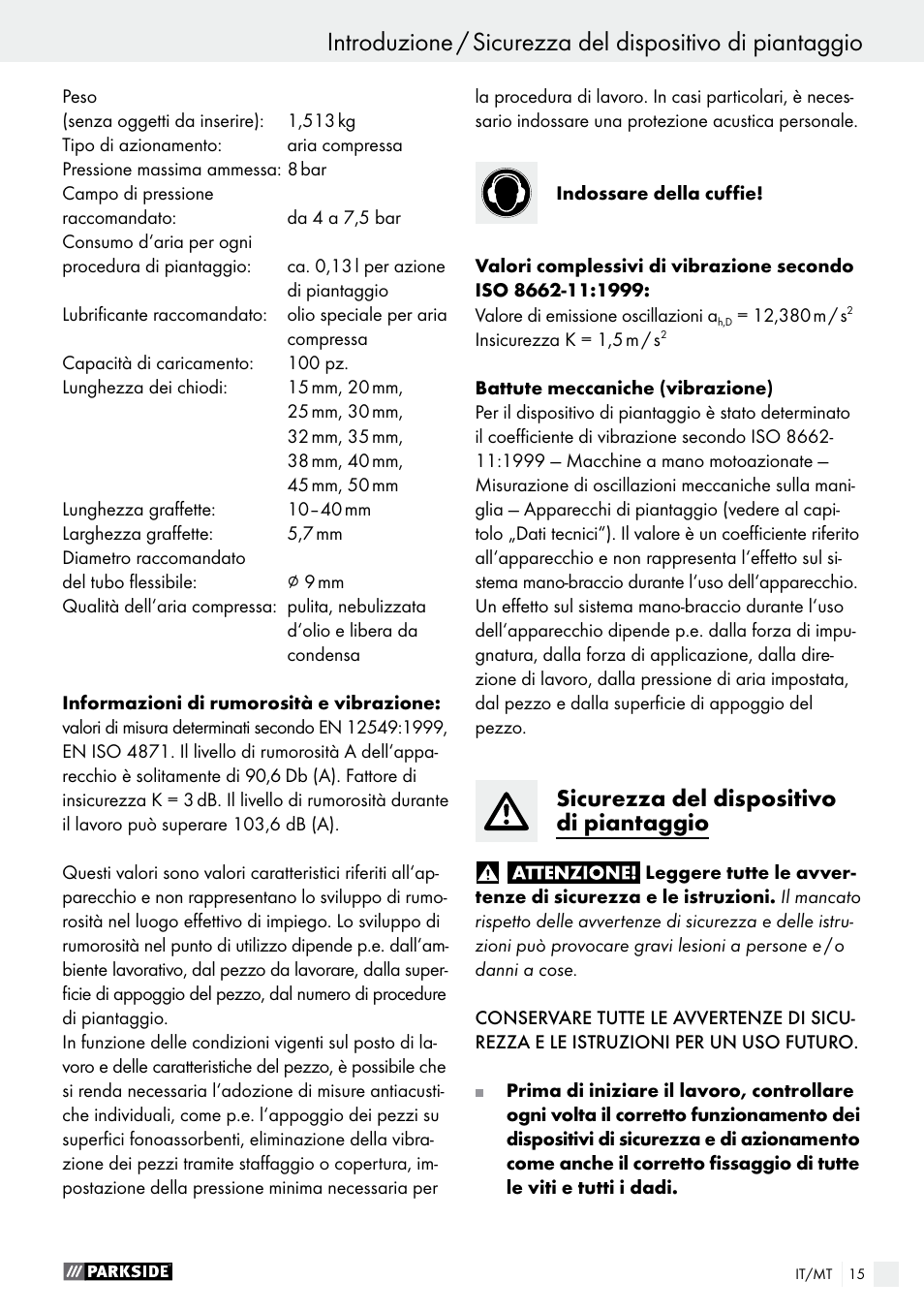 Sicurezza del dispositivo di piantaggio | Parkside PDT 40 B2 User Manual | Page 15 / 45