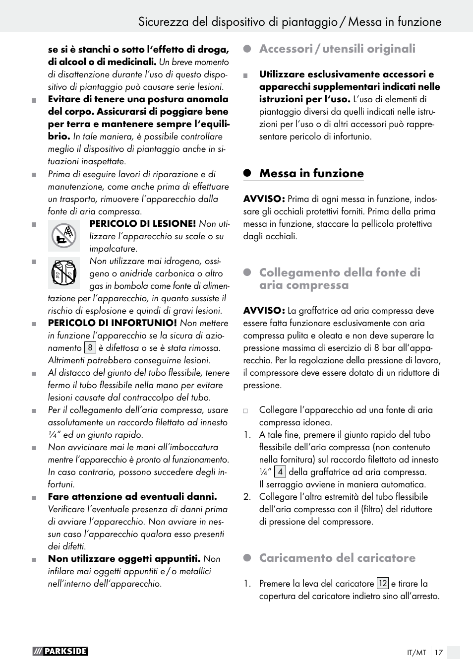 Accessori / utensili originali, Messa in funzione, Collegamento della fonte di aria compressa | Caricamento del caricatore | Parkside PDT 40 B2 User Manual | Page 17 / 45