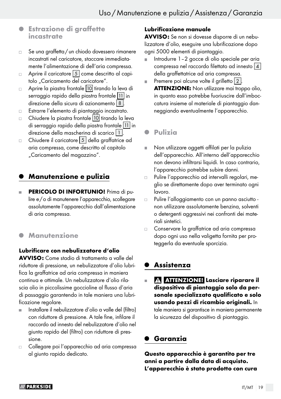 Estrazione di graffette incastrate, Manutenzione e pulizia, Manutenzione | Pulizia, Assistenza, Garanzia | Parkside PDT 40 B2 User Manual | Page 19 / 45