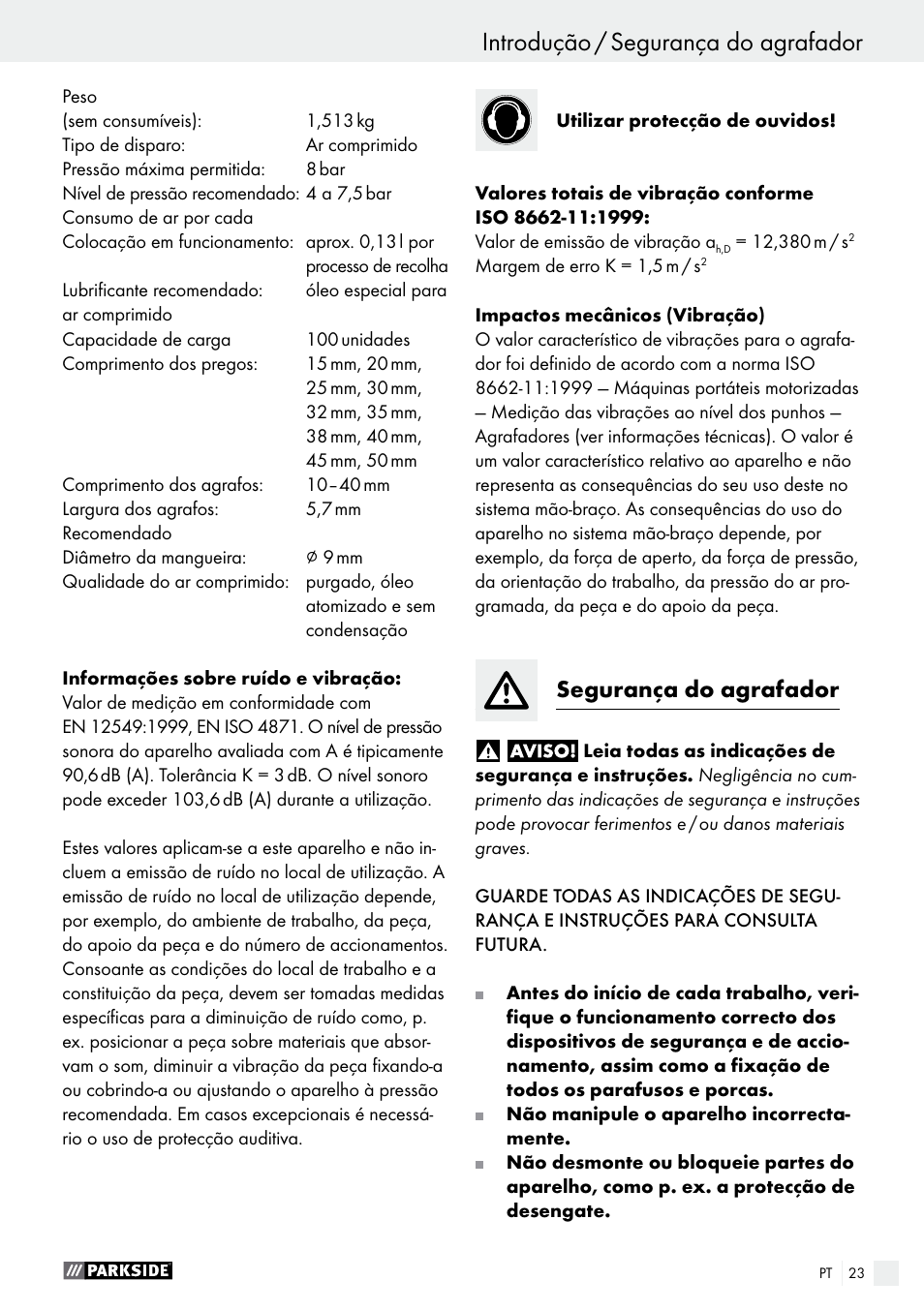 Introdução introdução / segurança do agrafador, Segurança do agrafador | Parkside PDT 40 B2 User Manual | Page 23 / 45