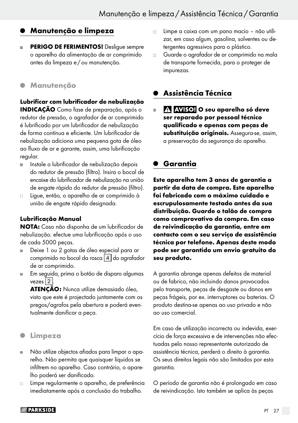 Manutenção e limpeza, Manutenção, Limpeza | Assistência técnica, Garantia | Parkside PDT 40 B2 User Manual | Page 27 / 45