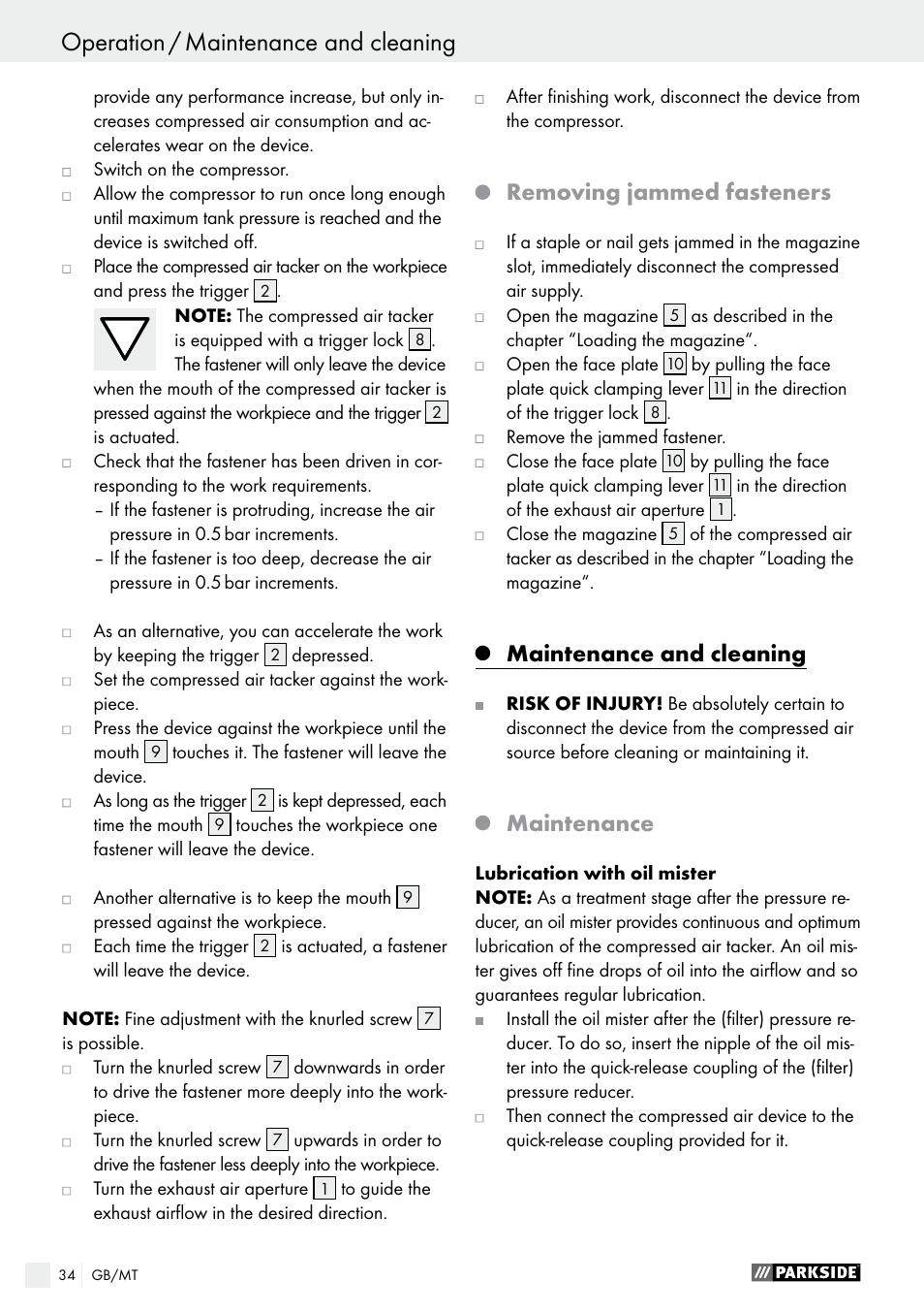 Removing jammed fasteners, Maintenance and cleaning, Maintenance | Parkside PDT 40 B2 User Manual | Page 34 / 45