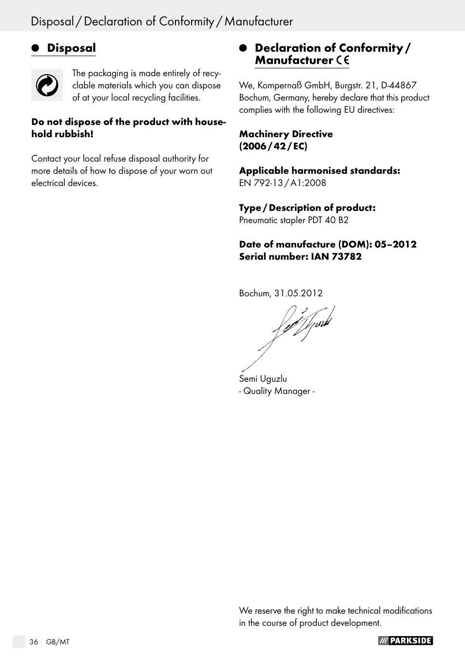 Parkside PDT 40 B2 User Manual | Page 36 / 45