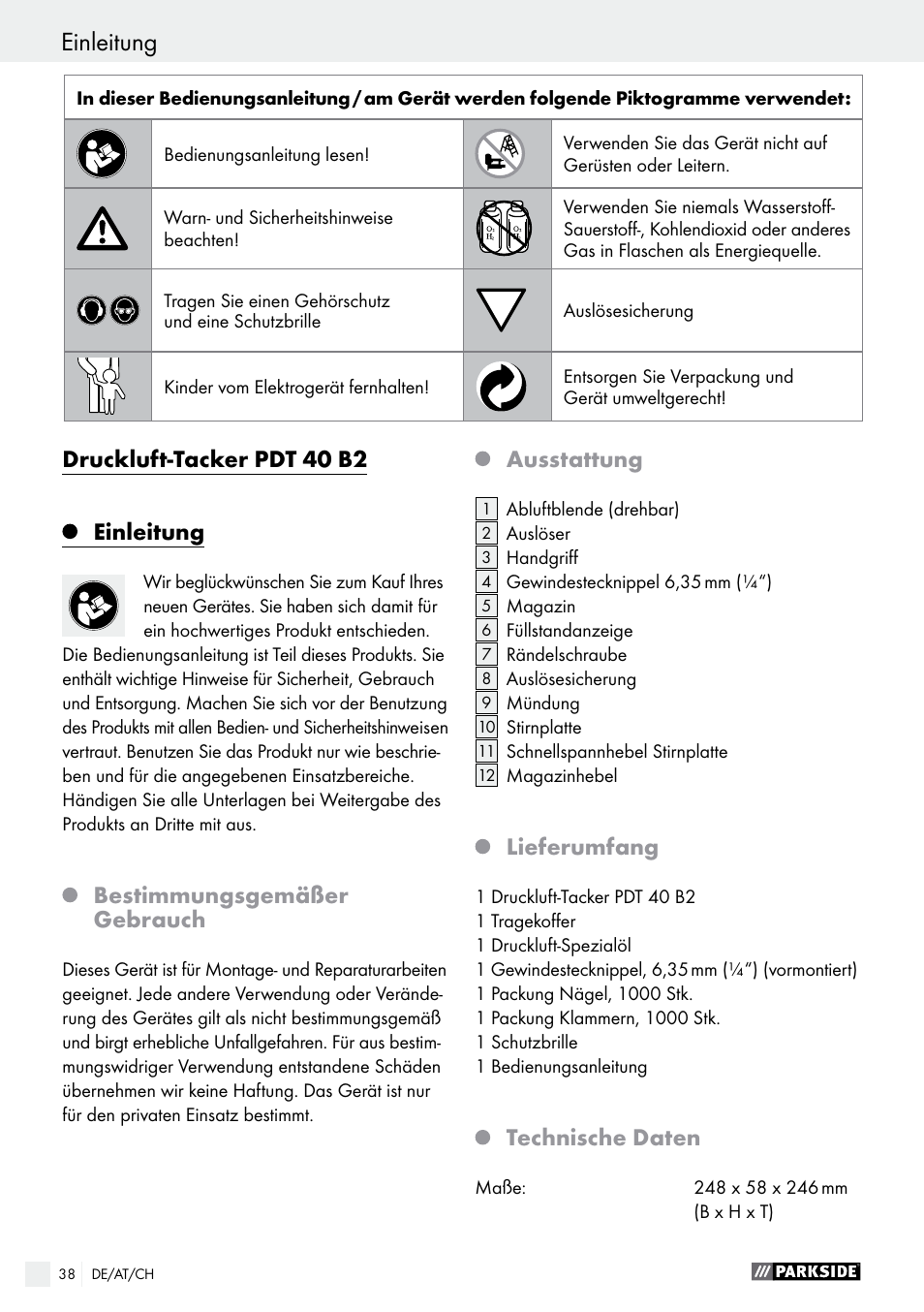 Einleitung / sicherheit des eintreibgerätes, Einleitung, Druckluft-tacker pdt 40 b2 einleitung | Bestimmungsgemäßer gebrauch, Ausstattung, Lieferumfang, Technische daten | Parkside PDT 40 B2 User Manual | Page 38 / 45