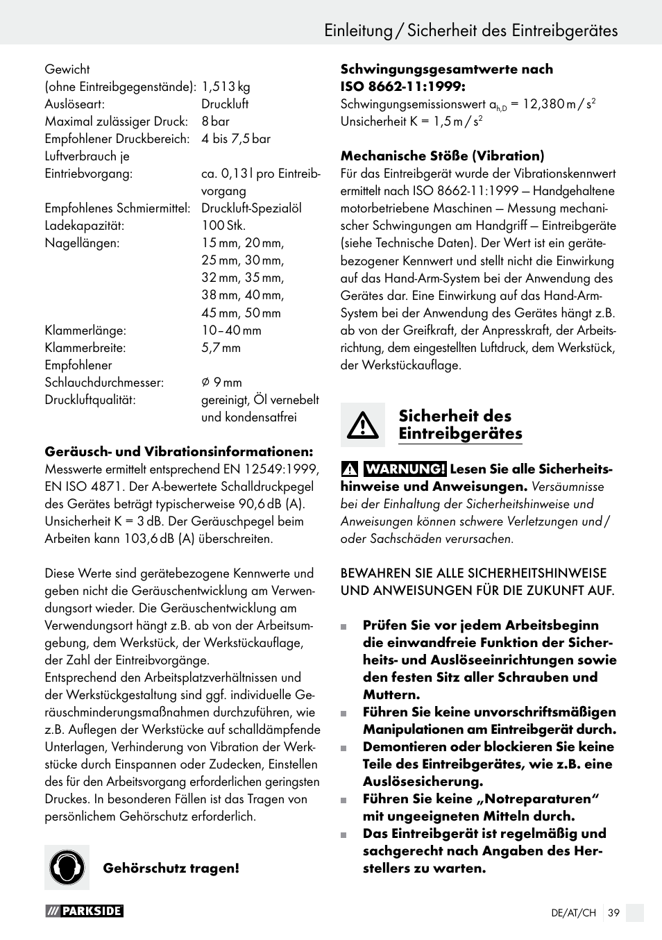 Sicherheit des eintreibgerätes | Parkside PDT 40 B2 User Manual | Page 39 / 45