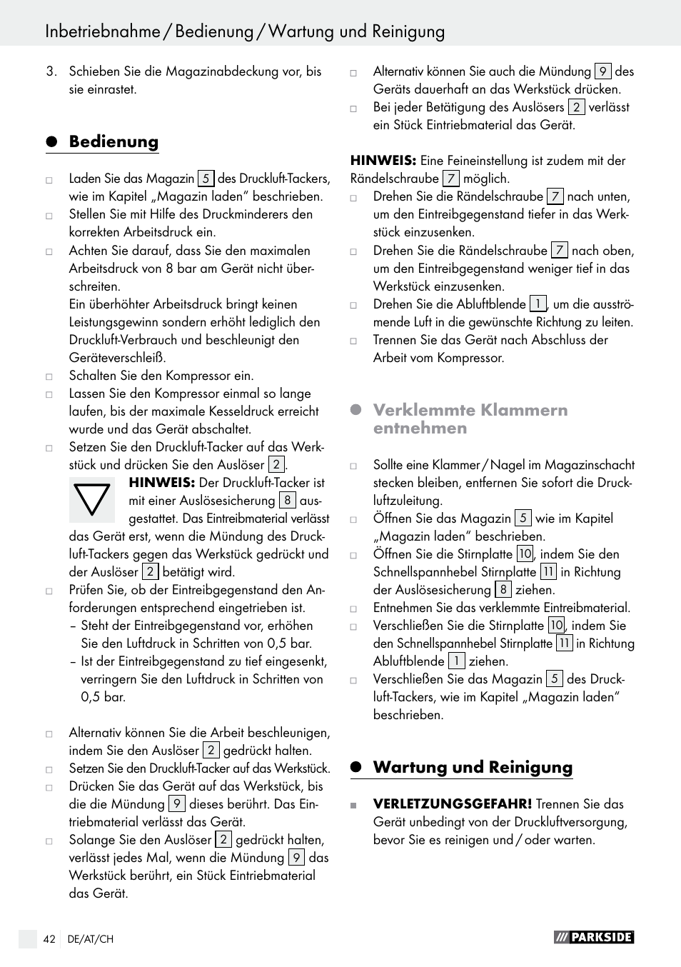 Wartung und reinigung / service / garantie, Inbetriebnahme / bedienung / wartung und reinigung, Bedienung | Verklemmte klammern entnehmen, Wartung und reinigung | Parkside PDT 40 B2 User Manual | Page 42 / 45
