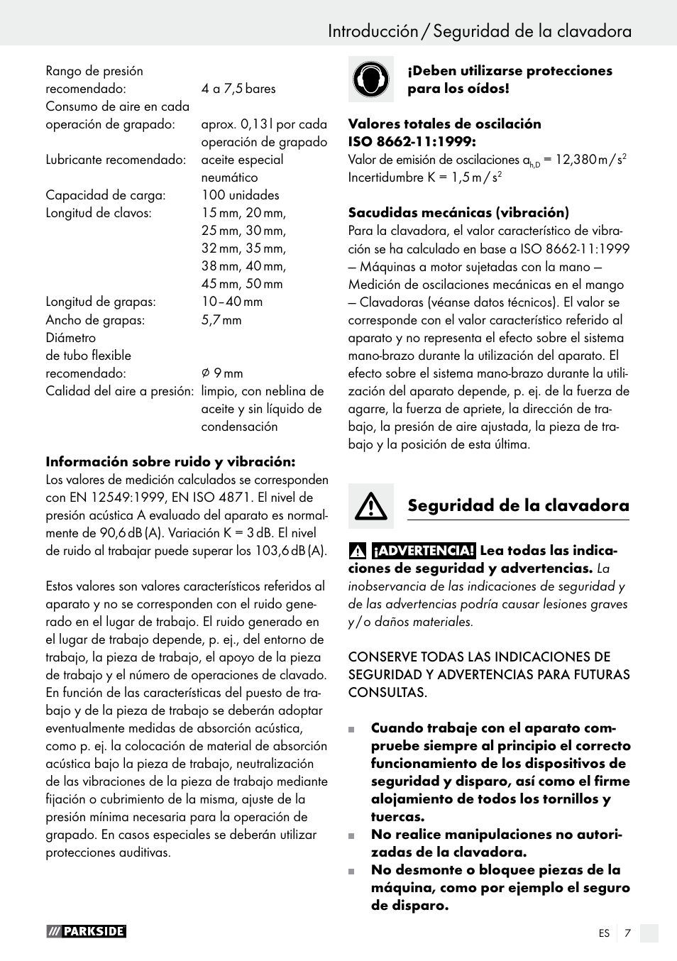 Introducción / seguridad de la clavadora, Introducción, Seguridad de la clavadora | Parkside PDT 40 B2 User Manual | Page 7 / 45