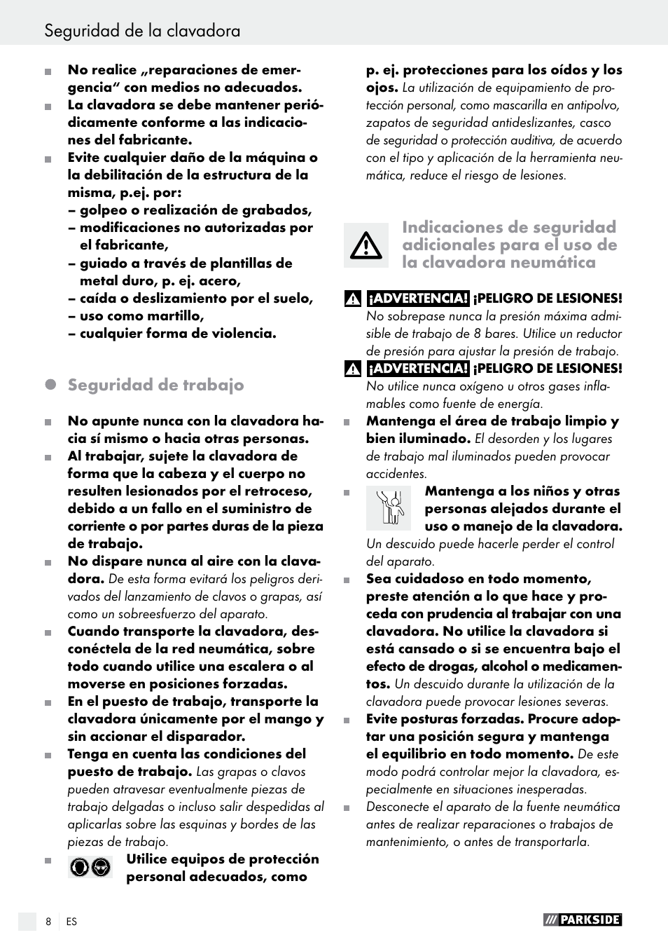 Seguridad de trabajo | Parkside PDT 40 B2 User Manual | Page 8 / 45