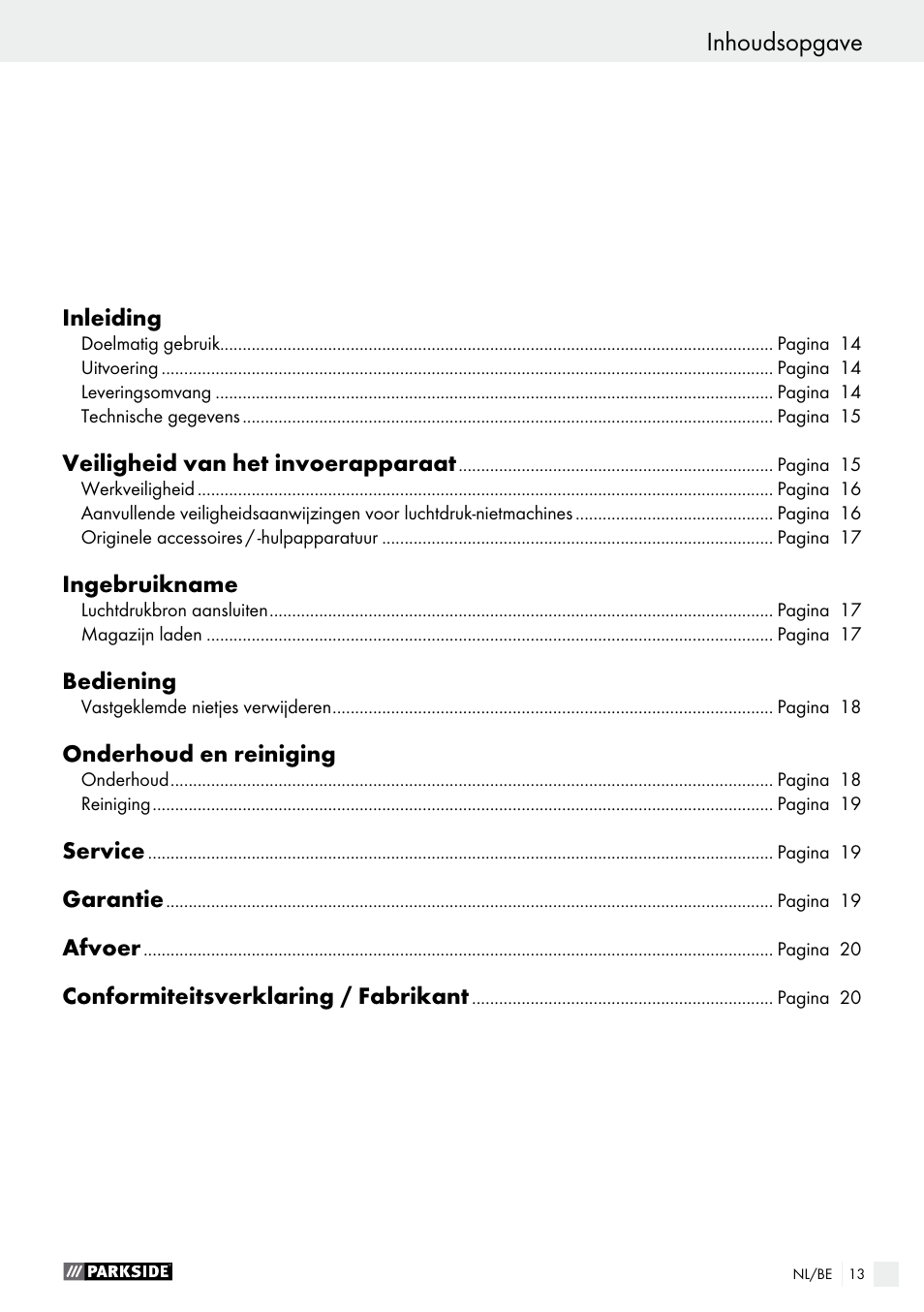 Inhoudsopgave | Parkside PDT 40 B2 User Manual | Page 13 / 37
