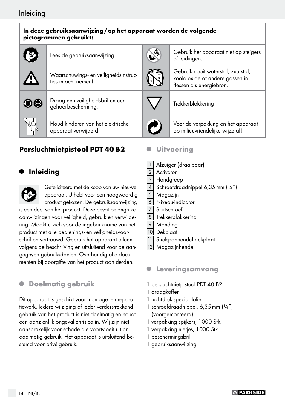 Persluchtnietpistool pdt 40 b2 inleiding, Doelmatig gebruik, Uitvoering | Leveringsomvang | Parkside PDT 40 B2 User Manual | Page 14 / 37