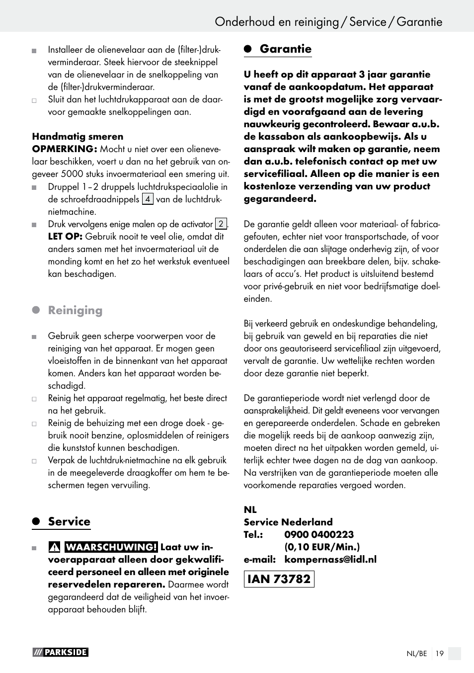 Reiniging, Service, Garantie | Parkside PDT 40 B2 User Manual | Page 19 / 37