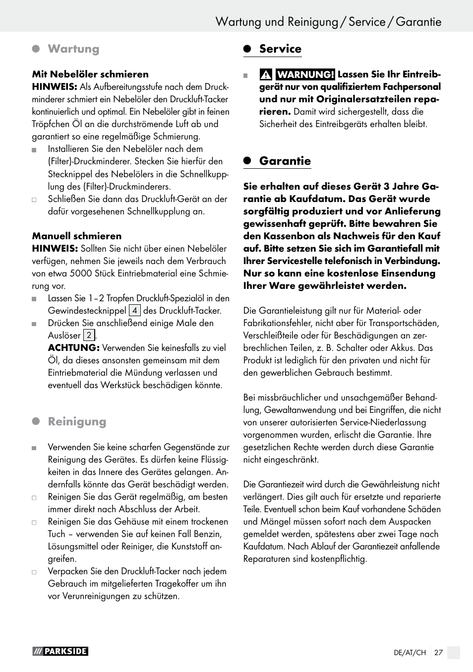 Wartung, Reinigung, Service | Garantie | Parkside PDT 40 B2 User Manual | Page 27 / 37