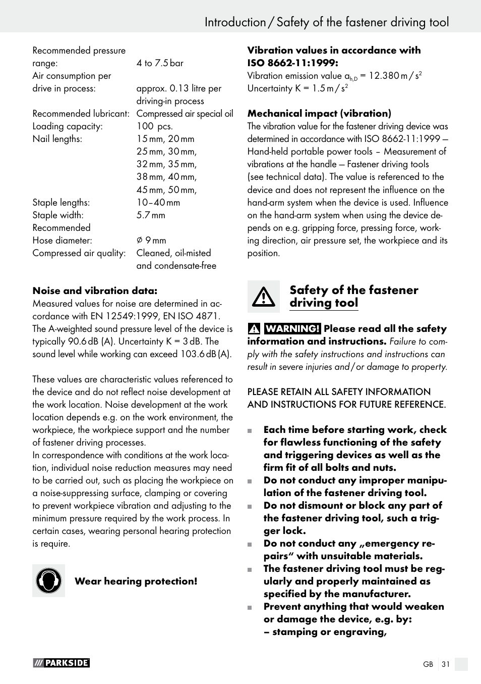 Introduction / safety of the fastener driving tool, Introduction, Safety of the fastener driving tool | Parkside PDT 40 B2 User Manual | Page 31 / 37