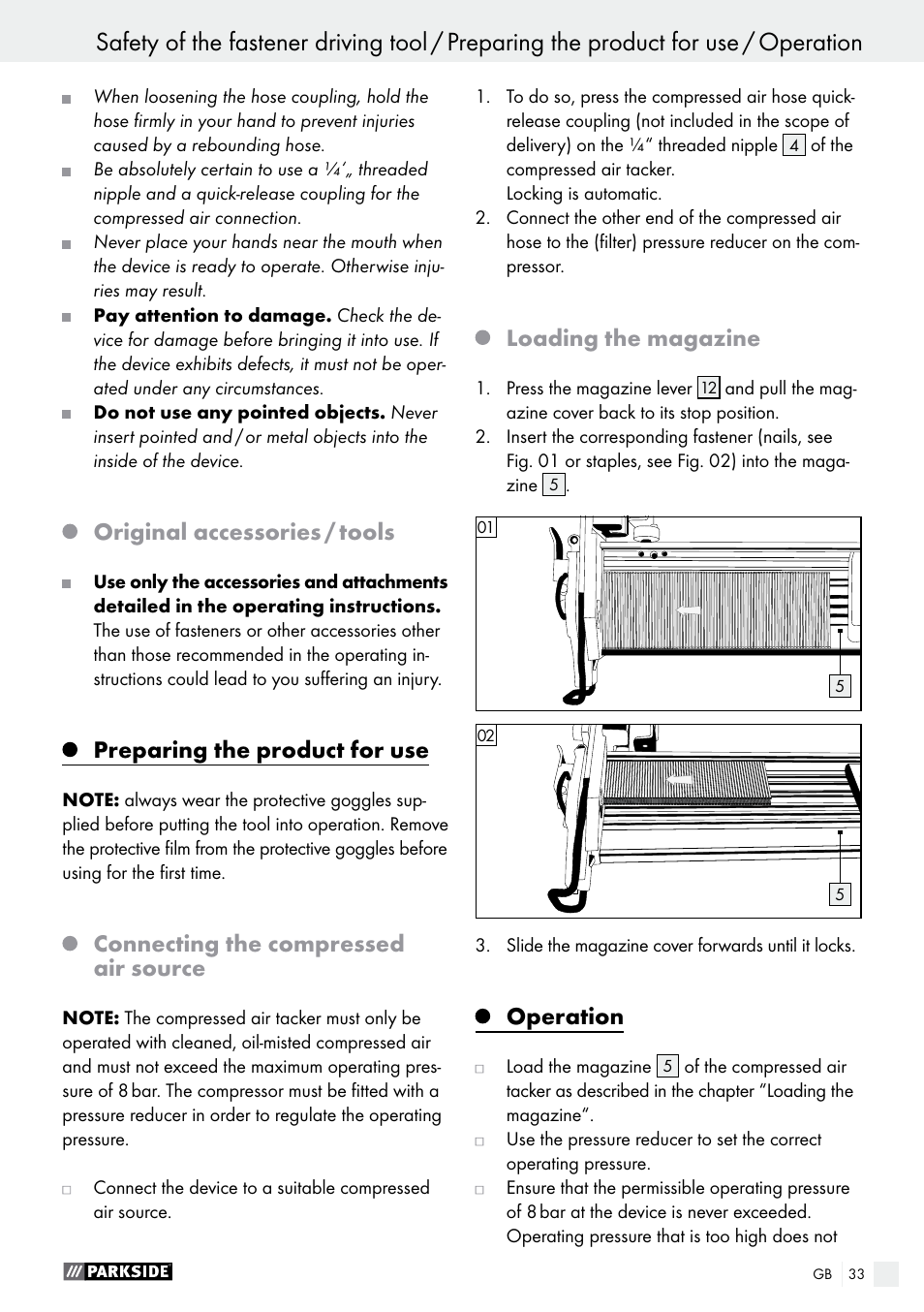 Safety of the fastener driving tool, Original accessories / tools, Preparing the product for use | Connecting the compressed air source, Loading the magazine, Operation | Parkside PDT 40 B2 User Manual | Page 33 / 37