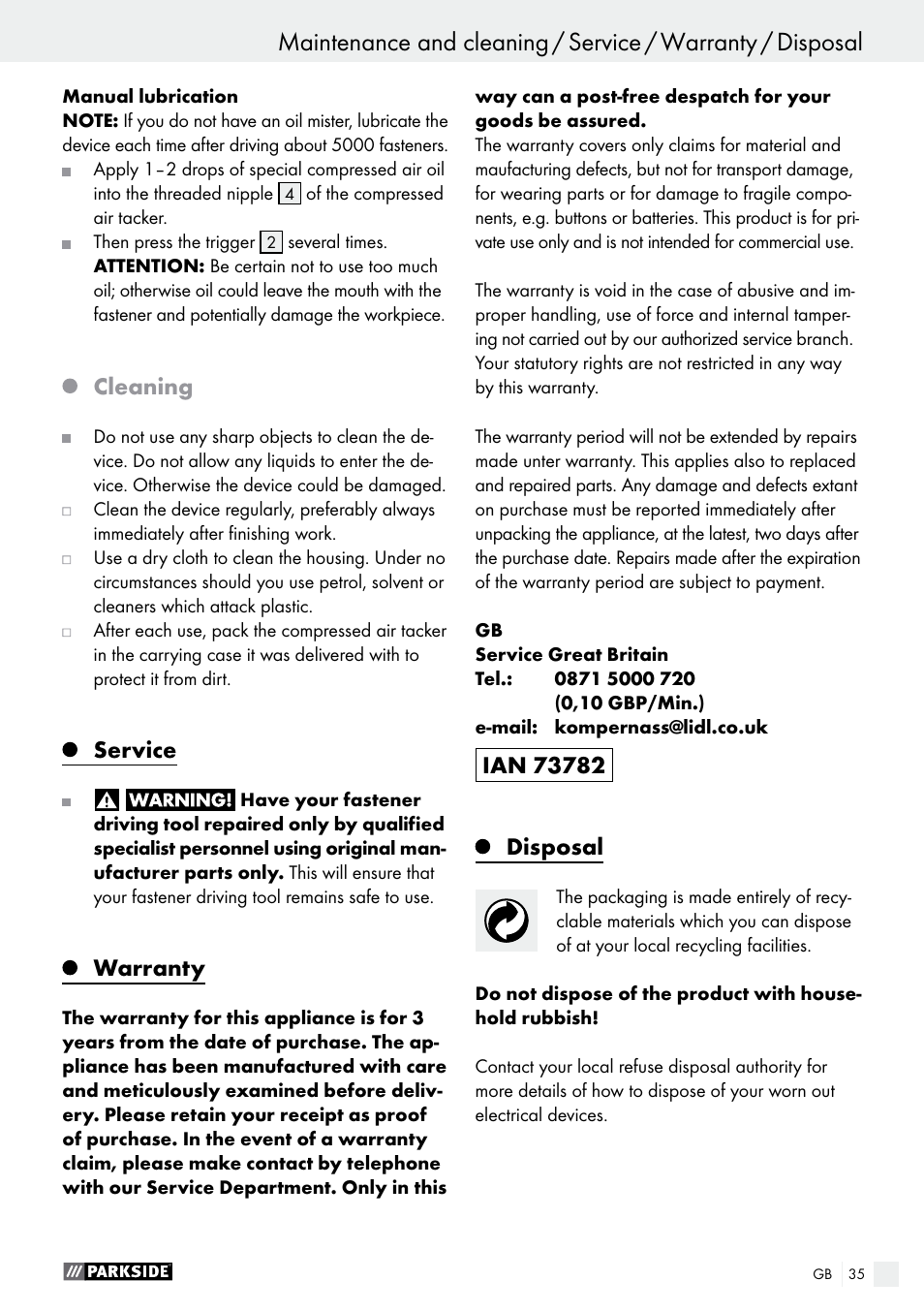 Operation / maintenance and cleaning, Cleaning, Service | Warranty | Parkside PDT 40 B2 User Manual | Page 35 / 37