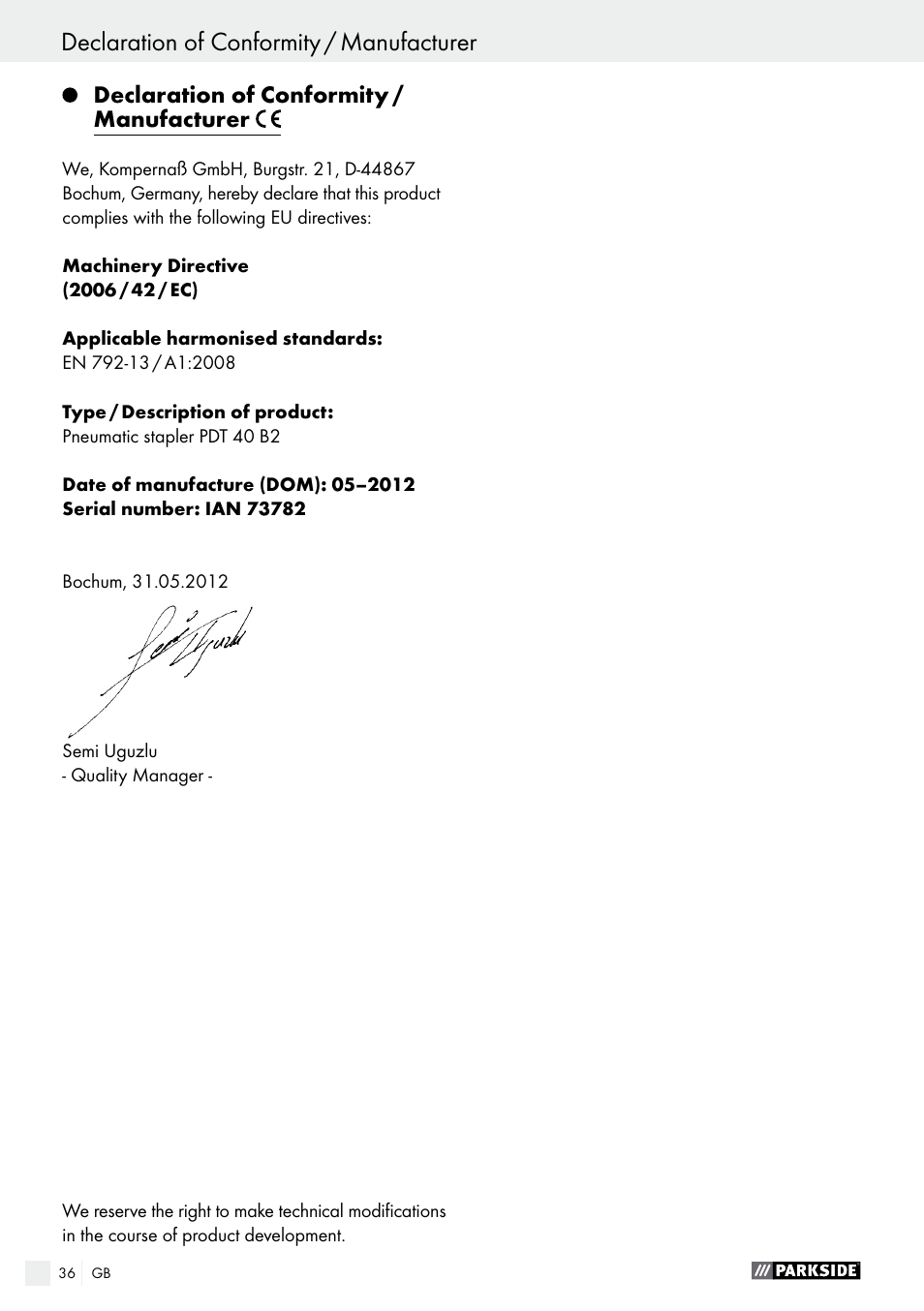 Declaration of conformity / manufacturer | Parkside PDT 40 B2 User Manual | Page 36 / 37
