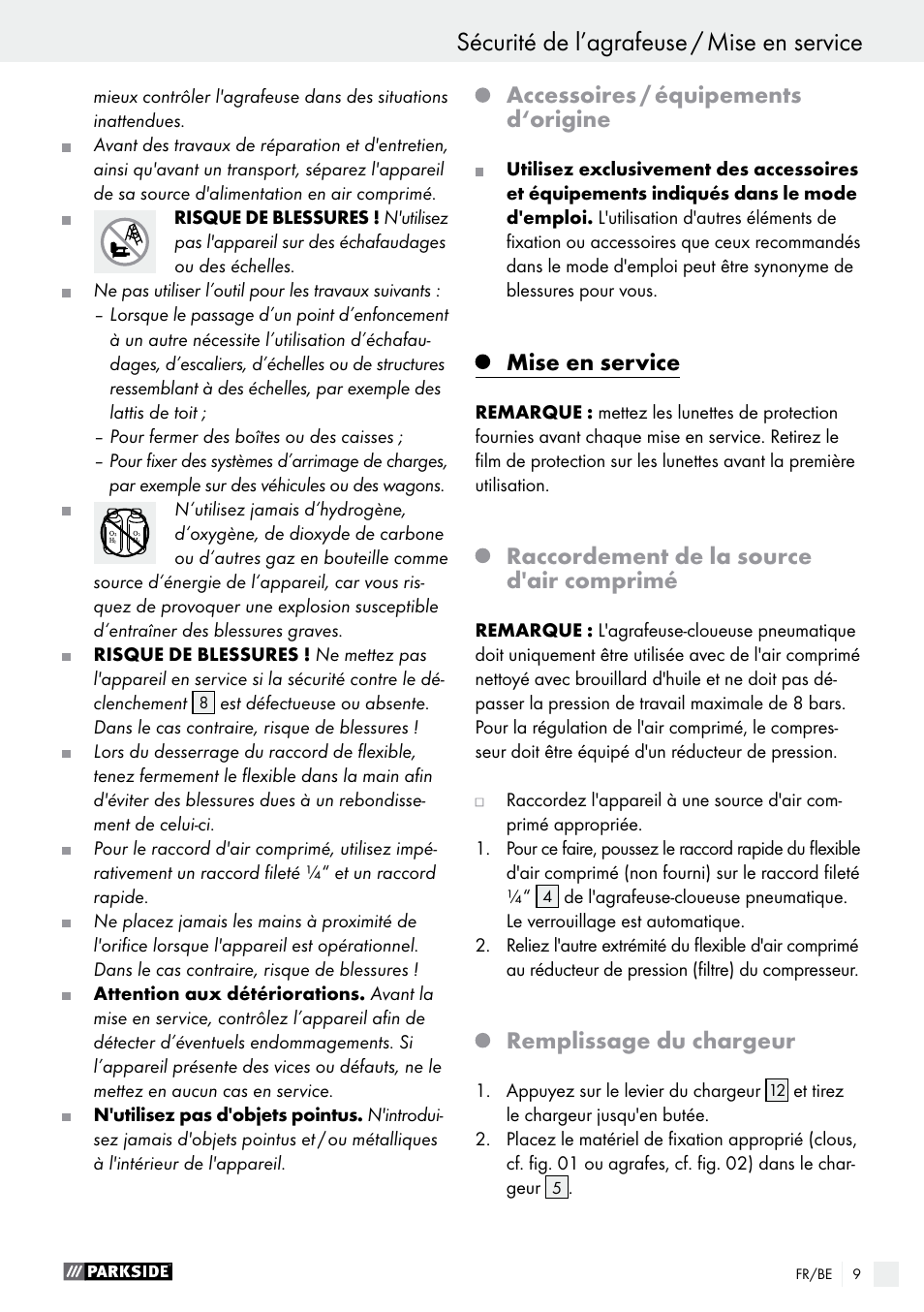 Accessoires / équipements d‘origine, Mise en service, Raccordement de la source d'air comprimé | Remplissage du chargeur | Parkside PDT 40 B2 User Manual | Page 9 / 37