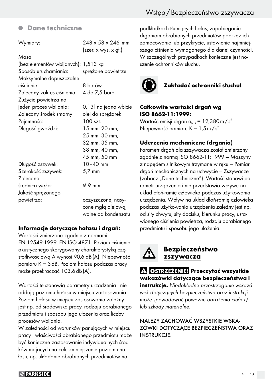 Wstęp / bezpieczeństwo zszywacza wstęp, Dane techniczne, Bezpieczeństwo zszywacza | Parkside PDT 40 B2 User Manual | Page 15 / 57