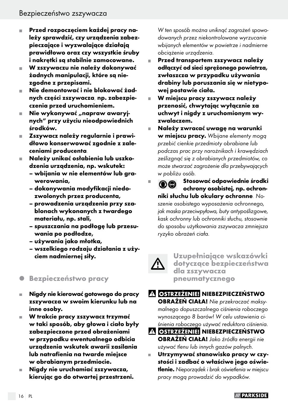 Bezpieczeństwo pracy | Parkside PDT 40 B2 User Manual | Page 16 / 57