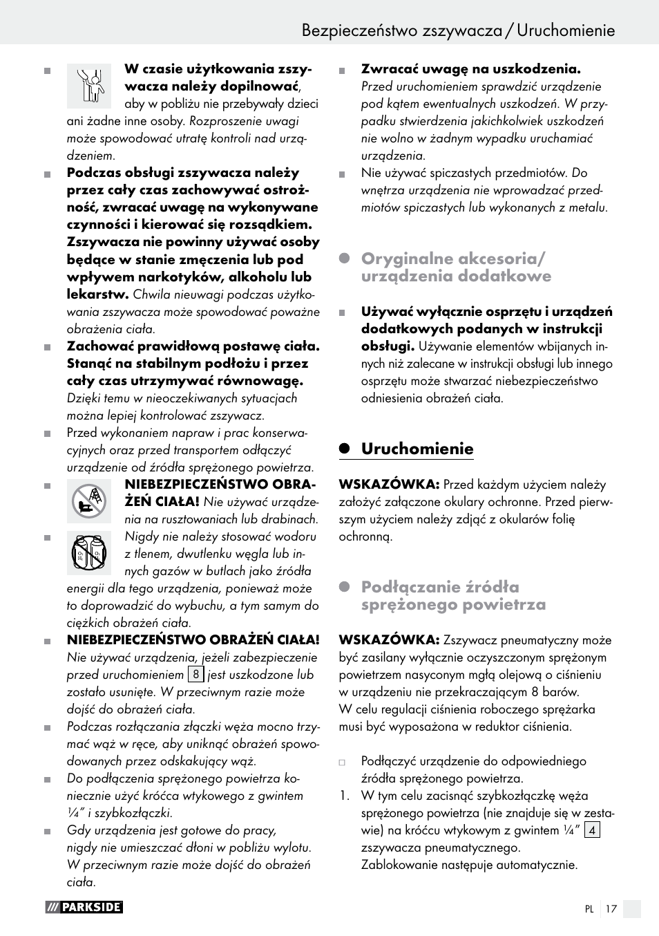 Oryginalne akcesoria/ urządzenia dodatkowe, Uruchomienie, Podłączanie źródła sprężonego powietrza | Parkside PDT 40 B2 User Manual | Page 17 / 57
